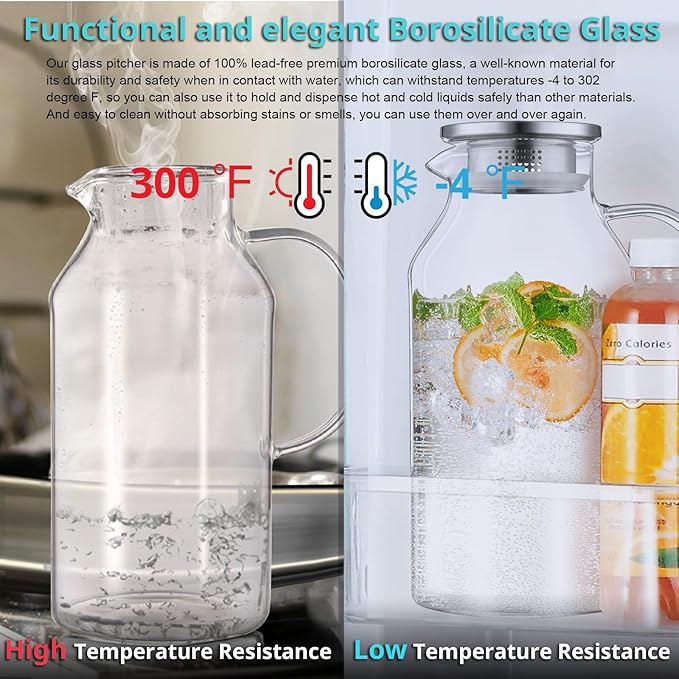 Bivvclaz 3 Liter 101 oz Glass Pitcher with Lid and Handle, Glass Water Pitcher for Fridge, Glass Carafe for Hot/Cold Water, Iced Tea Pitcher, Large Jug for Coffee, Juice and Homemade Beverage