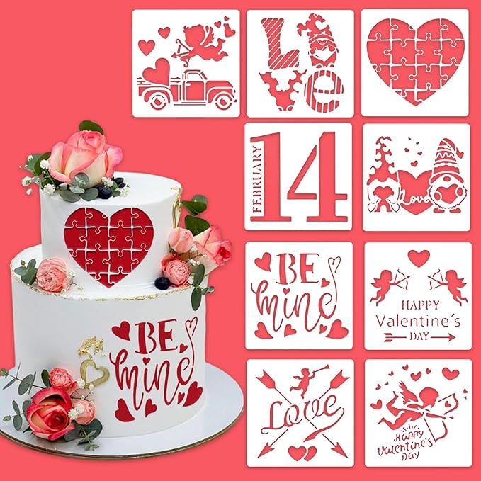 Valentines Day Cake Stencils Kit Reusable Cookie Coffee Stencil Drawing Template for Dessert Buttercream Painting Envelopes DIY Crafts Wall Floor Decor (9 Pcs Love)