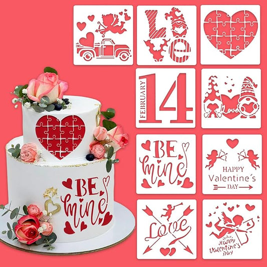 Valentines Day Cake Stencils Kit Reusable Cookie Coffee Stencil Drawing Template for Dessert Buttercream Painting Envelopes DIY Crafts Wall Floor Decor (9 Pcs Love)