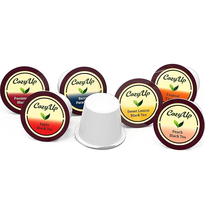 Cozy Up Iced Sweet Fruit Black Tea K-Cup Variety Pack, 36 Count, Guilt-Free Zero Calorie Sweetness - Compatible with Keurig - Lemon, Tropical, Berry, Passion Fruit, Apple & Peach - Single Serve Pods for Brew Over Ice