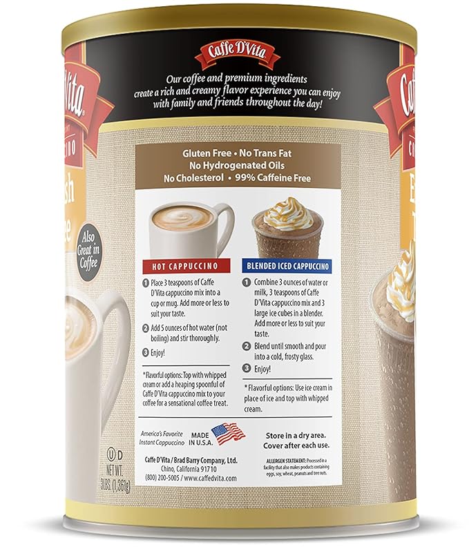 Caffe D'Vita English Toffee Cappuccino Mix - Instant Cappuccino Mix, Gluten Free, No Cholesterol, No Hydrogenated Oils, No Trans Fat, 99% Caffeine Free, Flavored Instant Coffee - 3 Lb Can