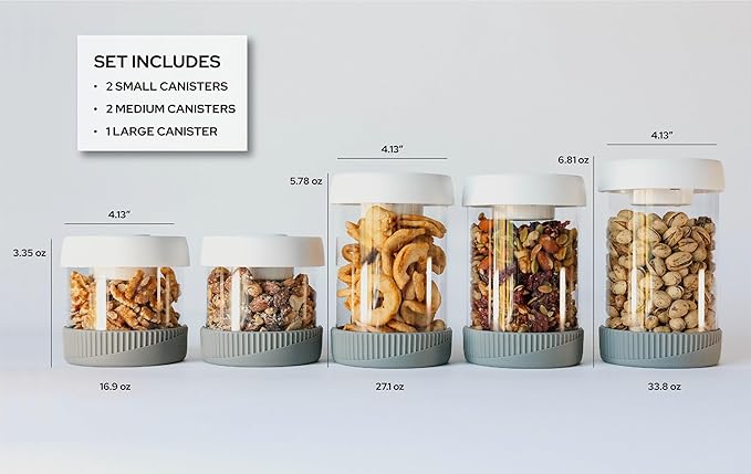 Kitchen Canisters for Countertop, Set of 5 - Glass Canisters with Airtight Lids, Vacuum Sealed Glass Storage Jars with Lids, Airtight Containers for Coffee Beans, Sugar, Candy, Flour, Etc