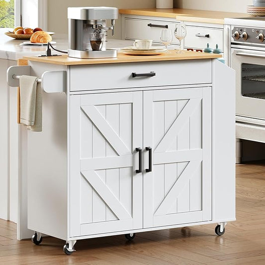 HOOBRO Kitchen Island with Drop Leaf Countertop & Power Outlet, Rolling Island Cart on Wheels, Kitchen Cart with Drawer & Spice Rack, Mobile Island Table for Kitchen, White and Natural WN86UZD01