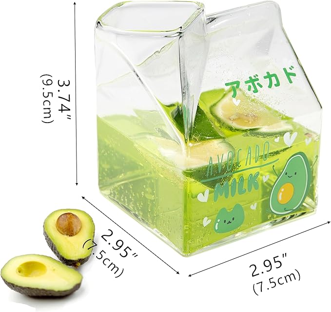 Kawaii Glass Milk Carton Cup Clear Cute Milk Cup Mini Creamer Pitcher Container Microwavable 12 Oz, 1Pcs(Avocado)