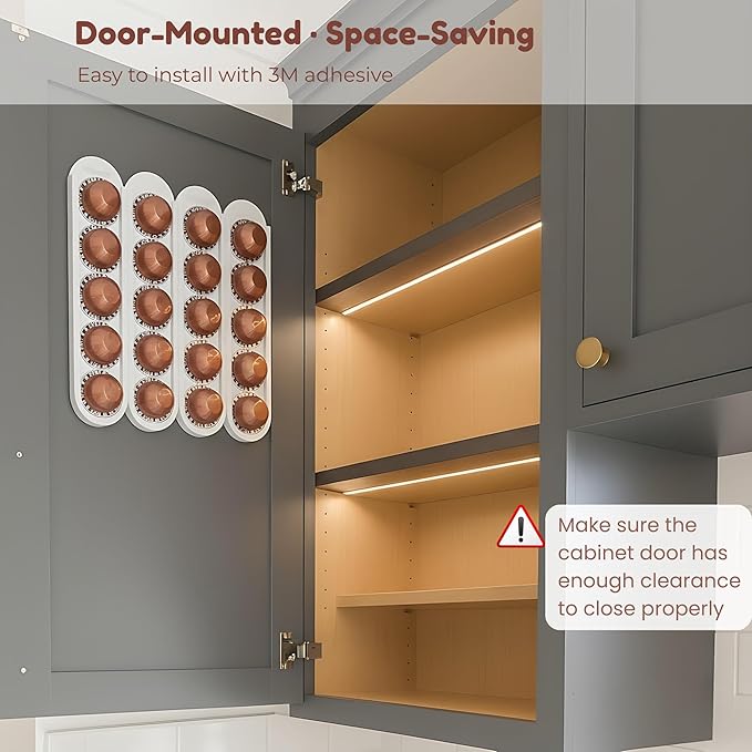 Bamboo Coffee Pod Holder, Adhesive Wall Mount (No Drilling) for Inside Cabinet Door, 20-Capsule Storage (Set of 4), Vertical & Horizontal, Compatible with Nespresso Vertuo Line-White