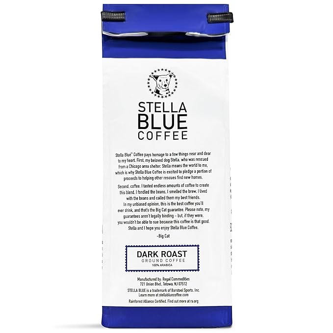 Stella Blue Ground Coffee, Electric Avenue Blend, Dark Roast, Fresh Coffee Ground 100% Arabica, Smooth Balanced Roast with Distinct Flavor Notes, Ethically Sourced Coffee Beans, 12 oz Bag