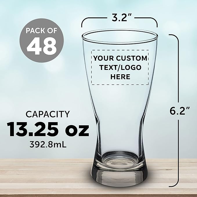 Custom Pilsner Glasses 13.25 oz. Set of 48, Personalized Bulk Pack - Made in the USA, Perfect for Hotels, Restaurants, Bars and Even Part Favors - Clear