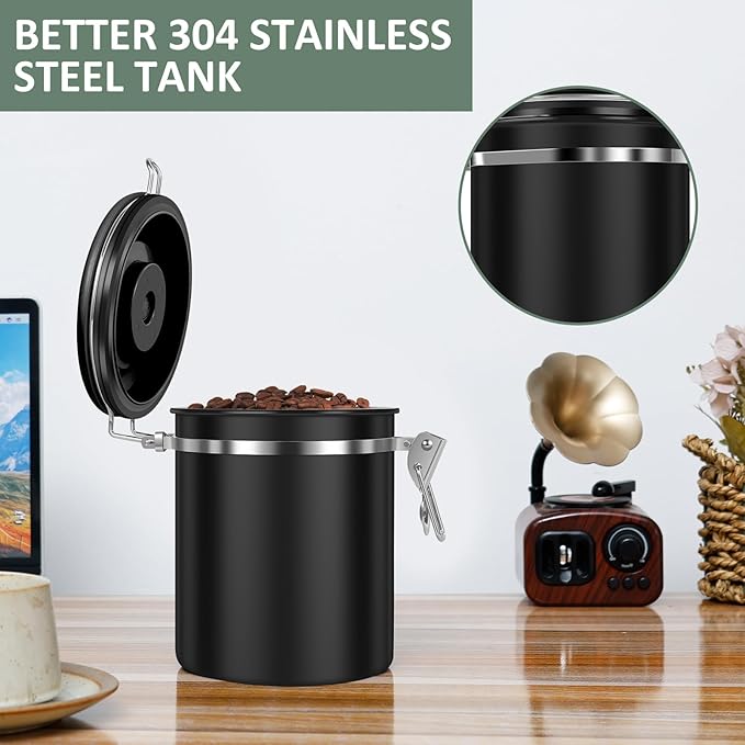 2PCS Coffee Storage Canister 1.5L 51OZ Double Airtight Coffee Beans Container with Date Locator 304 Stainless Steel Kitchen Food Storage Container with Spoon For Coffee Tea and Sugar