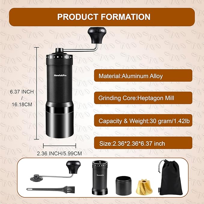 NewlukPro M7 Pro Manual Coffee Grinder,Titanium Coating Conical Burr,Hand Coffee Grinder with External 72 Grinding Scales,All-round Hand Grinder for Pour Over Drip French Press Espresso (Black)