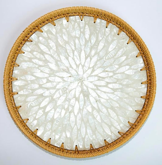 Magenta & Teal Round Rattan Serving Tray with Mother of Pearl Inlay, Wicker Coffee Table Decor, Farmhouse Style (Silver White)