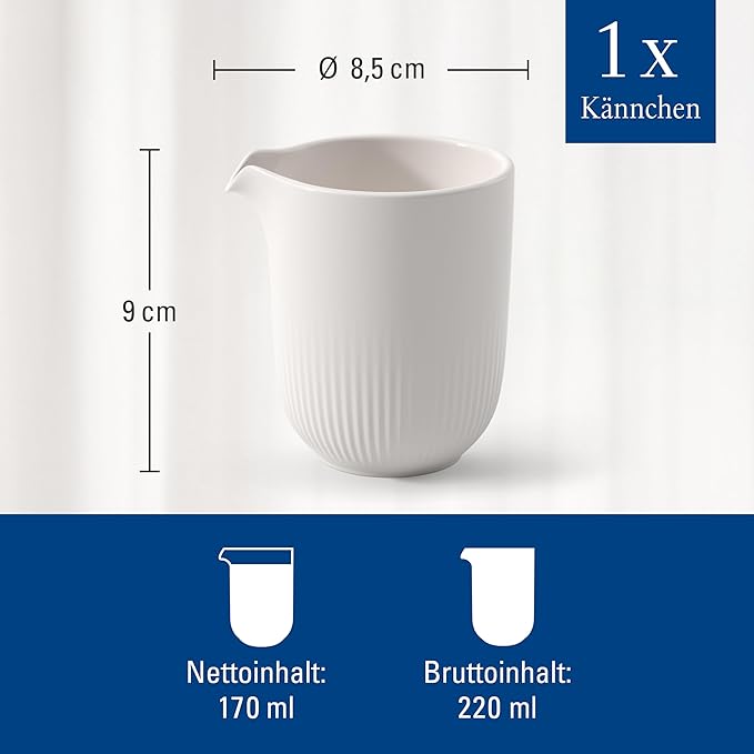 Villeroy & Boch Afina Milk Pitcher, for Milk, Cream and Sauces, Premium Porcelain, Made in Germany, Dishwasher and Microwave Safe, White, 7.5 oz Capacity