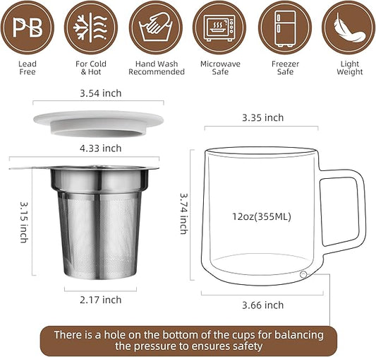 CNGLASS 12oz Double Walled Glass Tea Cup with Stainless Steel Infuser and Lid,Borosilicate Glass Tea Infuser Mug for Loose Tea,Teabag,Set of 1