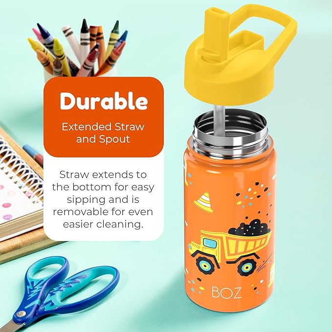 BOZ Kids Insulated Water Bottle with Straw Lid, Stainless Steel Vacuum Double Wall Water Cup, 14 oz (414ml). Scratch-resistant Cute Print and Carry Handle, BPA-free and Dishwasher-safe (Construction)
