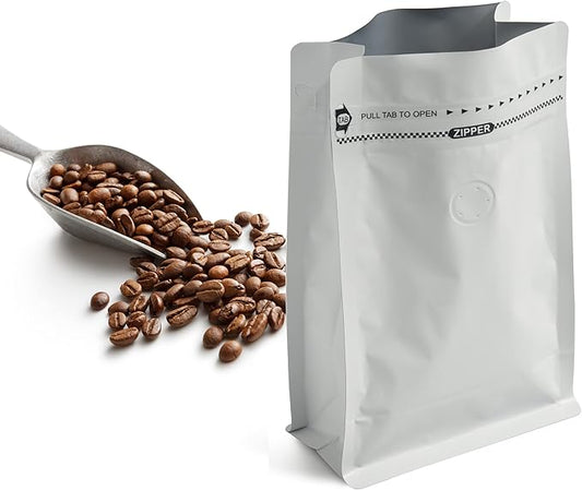 12oz 50pcs High Barrier Wihite Coffee Bags with Aluminum Foil Liner, Resealable Coffee Pouches with Degassing Valve, Ziplock Food Storage Bags with Pull Tape, 12oz/0.75lb/340gram, Pack of 50