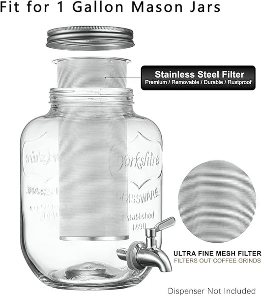 Cold Brew Coffee Filter for 1 Gallon Mason Jars, Made with Stainless Steel, Fine Mesh Filter for Large Batch Cold Brewing, 1 Gallon Mason Jar Filter Crafted to Make Iced Coffee & Tea and Sun