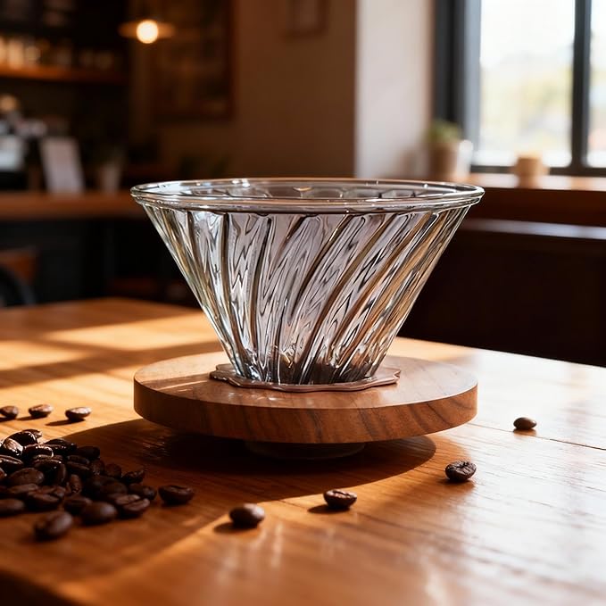 Glass Pour Over Coffee Dripper with Walnut Base, V60 Style Manual Drip Coffee Maker, 1–4 Cups Coffee Brewer for Home or Office