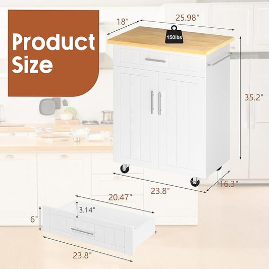 SUNLEI Rolling Kitchen Island Cart with Storage & Drawer – 26" Portable Kitchen Cart with Lockable Wheels, Towel Rack & Open Shelves for Kitchen, Dining Room, Living Room(White)