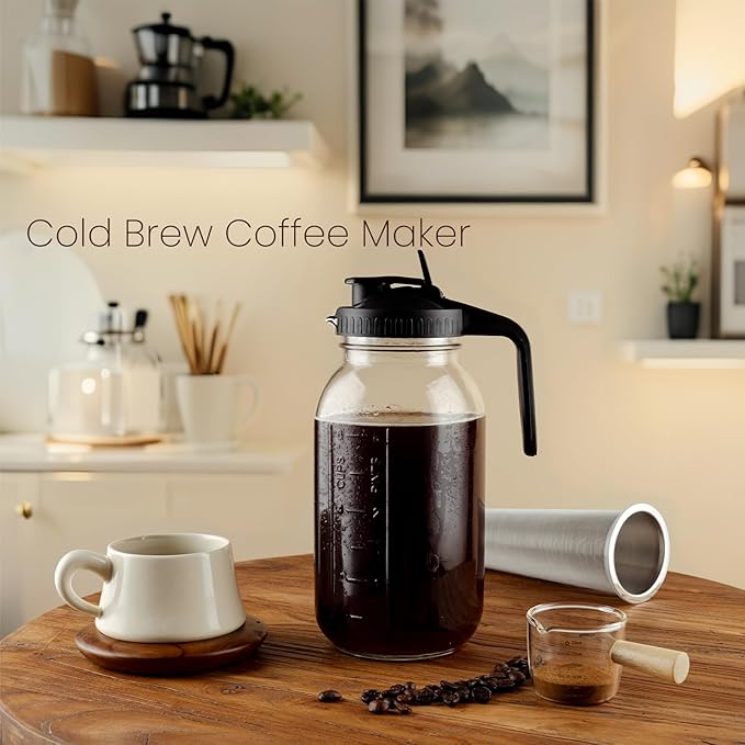 Cold Brew Coffee Maker, 64 oz Glass Pitcher with Mesh Filter, 2 Quart Mason Jar with Lid