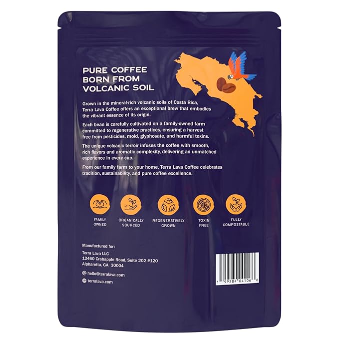 Terra Lava Whole Bean Coffee – Single-Origin Costa Rican Arabica, Lab-Tested for Purity, Mold-Free & Mycotoxin-Free, Low-Acid, Small-Batch Roasted – 12 oz (Dark Roast)