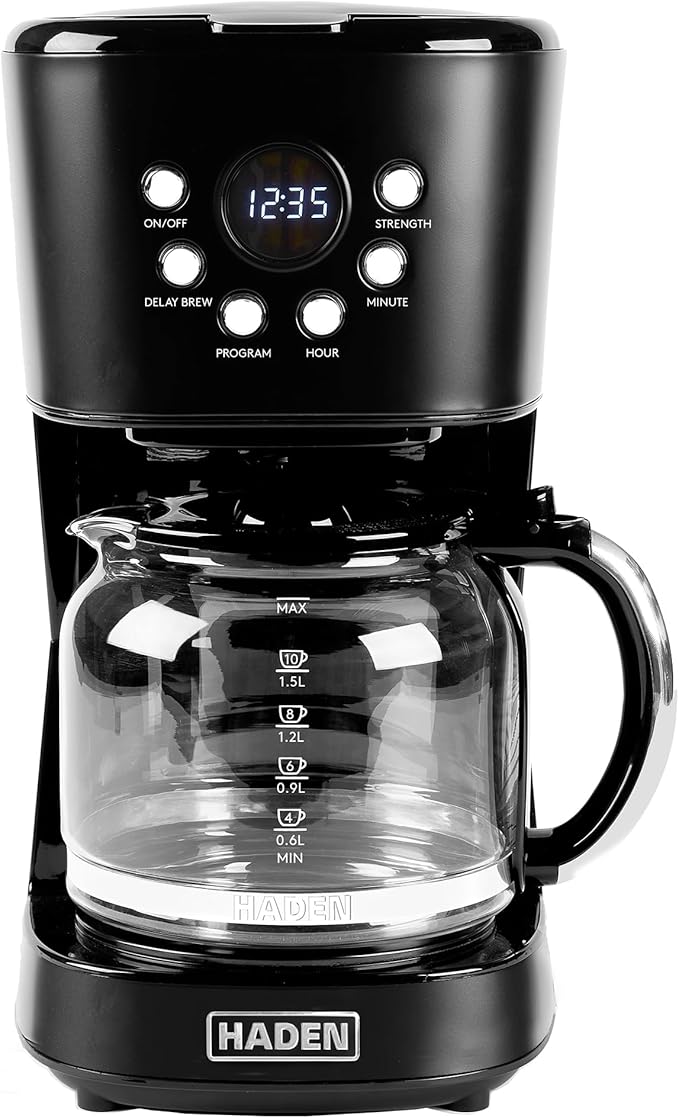 Haden Coffee Machine, 12 Cup Programmable Drip Coffee Maker with Auto Shut-Off Function and Reusable Washable Water Filter, Black & Chrome