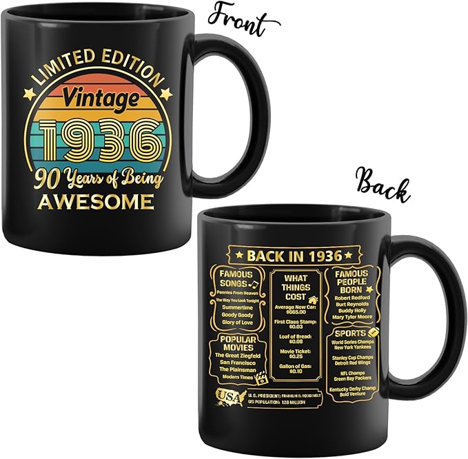 QUPT 90th Birthday Gifts for Women Men, 90th Birthday Gifts for Him, 1936 Birthday Gifts for Women Men, 90 Years Old Gifts, 1936 Birthday Gifts for Her Him, 90th Birthday Presents Coffee Mug