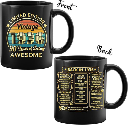 QUPT 90th Birthday Gifts for Women Men, 90th Birthday Gifts for Him, 1936 Birthday Gifts for Women Men, 90 Years Old Gifts, 1936 Birthday Gifts for Her Him, 90th Birthday Presents Coffee Mug