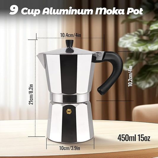 Vaolvpant 9 Cup Aluminum Moka Pot Classic Stovetop Espresso Coffee Maker 450ml 15oz Coffeemaker Percolator Mocha Pot Greca Coffee Maker Cafe Makers for Italian and Cuban Café Brewing Silver