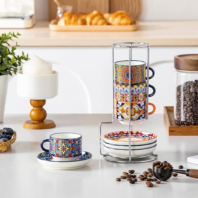 vancasso 2.5 Oz Stackable Espresso Cups with Saucers and Metal Stand Set of 4,Bohemian Ceramic Cappuccino Cups - Microwave and Dishwasher Safe, Perfect For Tea, Espresso, Latte, Cafe-01