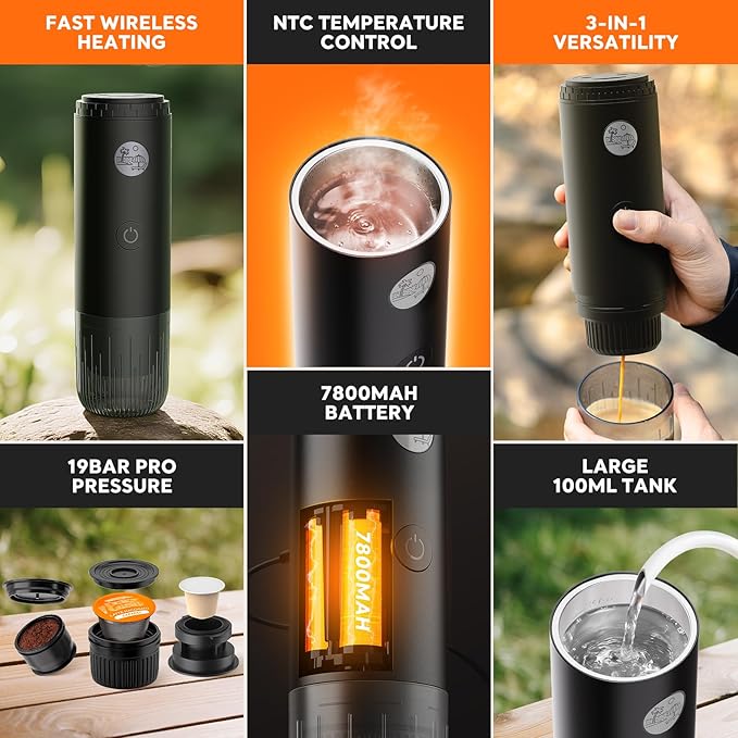 Portable Espresso Machine Mini 19Bar Rechargeable 2-in-1 Multi-Function Electric Coffee Machine One Key Extraction Compatible with NS Capsules and Ground Coffee for Office Home 7800MAH (White)