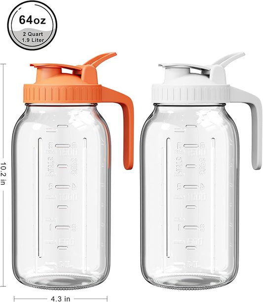 2 Pack Glass Mason Jar Pitcher with Lid, 64 oz (2 Quart) Leakproof Water Pitcher with Handle for Sun Tea, Cold Brew, Milk & Juice, White & Orange