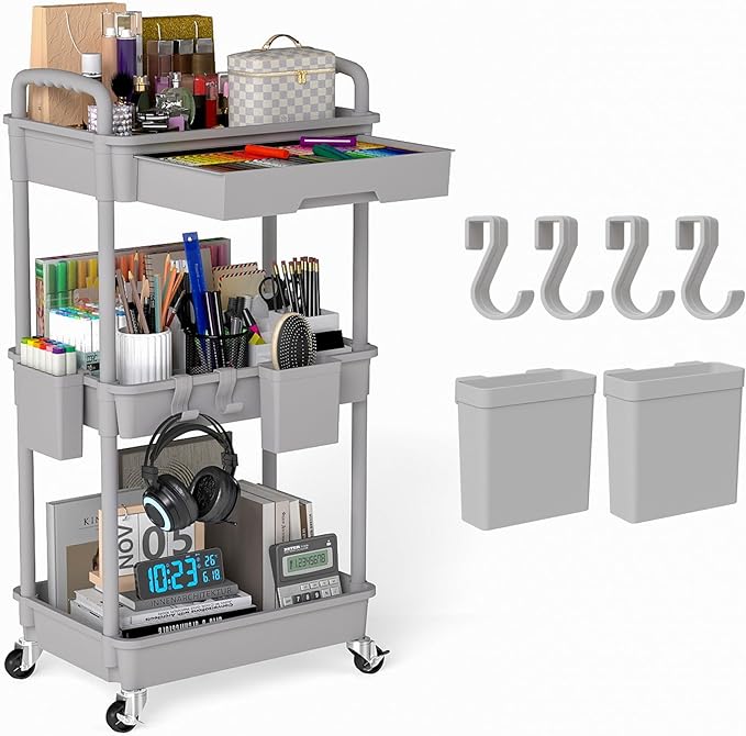3 Tier Rolling Utility Cart with Drawer, Plastic Storage Organizer Rolling Carts with Wheels Handles Hanging Cups Hooks for Office, Bathroom, Kitchen,Craft Art Room (Grey)