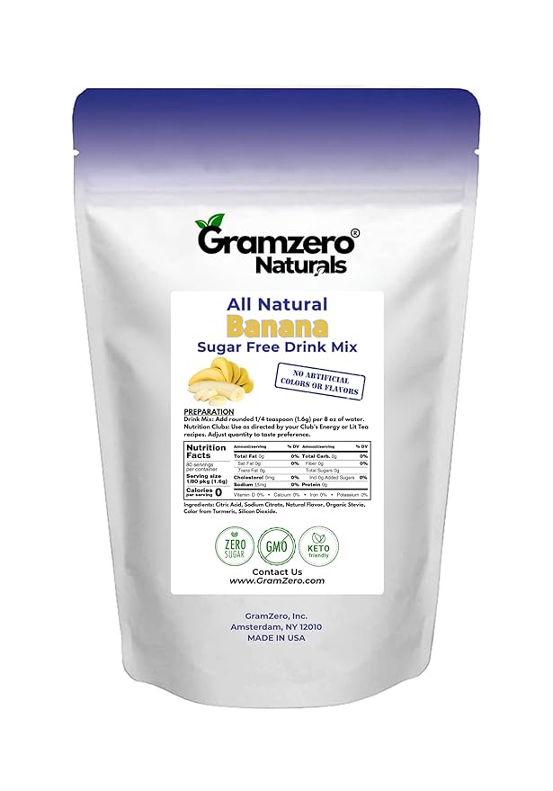 GramZero All Natural Banana Zero Calorie Sugar Free Drink Mix, Great For Nutrition Club Loaded Tea, Stevia Sweetened