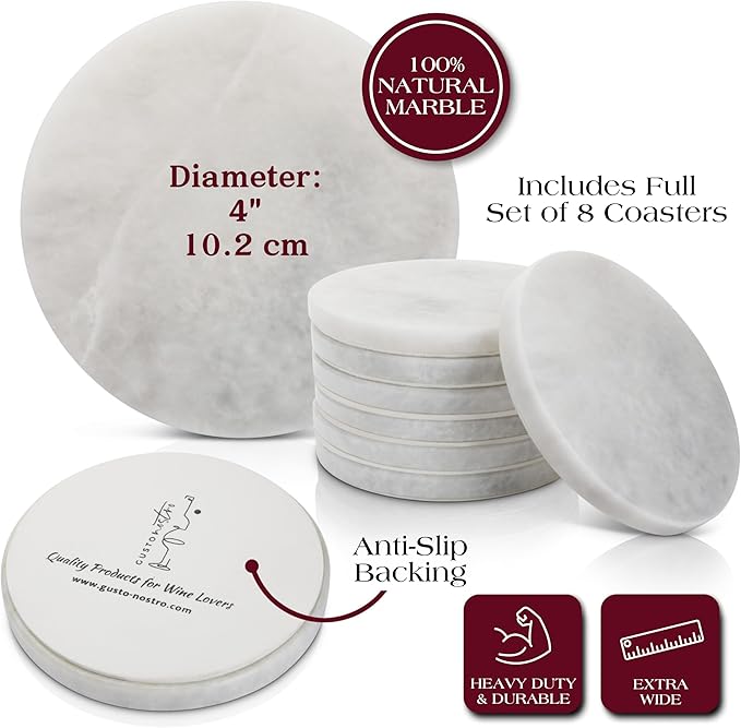 Gusto Nostro Marble Coasters Set of 8 - Modern Natural Stone Coasters for Drinks - Genuine Marble Kitchen Accessories, Round Artisanal Stone Coaster for Kitchen Counter, Coffee Table, Countertop