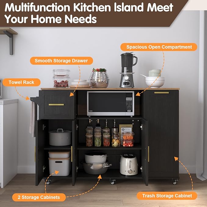 59 inch Large Mobile Kitchen Island Cart with Drop Leaf,Island Cart with 2 Cabinets,Drawer,Extra Counter Space&Trash Bin Storage,Rolling Portable Prep Table for Kitchen,Black