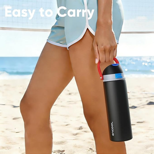 Insulated Water Bottle with Straw - Encool Stainless Steel Water Bottle with Push Button Lid, Leak-Proof & BPA-Free, Keeps Cold for 24 Hours for Sports, Travel, Gym (32 oz, Oil Black)