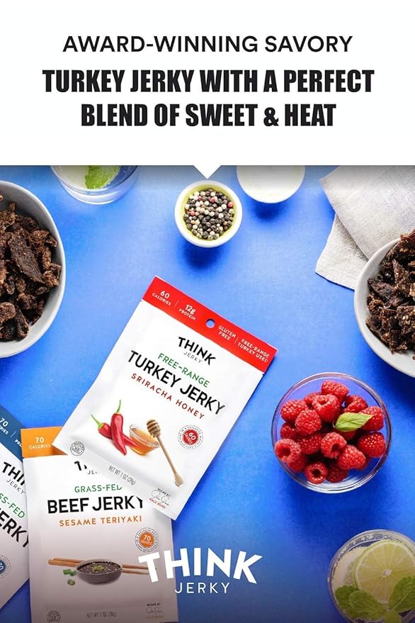 Think Jerky Sriracha Honey Turkey Jerky, Chef Crafted Free Range Turkey, Gluten Free, No Antibiotics or Nitrates, Healthy Chef Crafted Recipe, Low Calorie and Low Fat - 1.0 oz Bags, 8 Pack