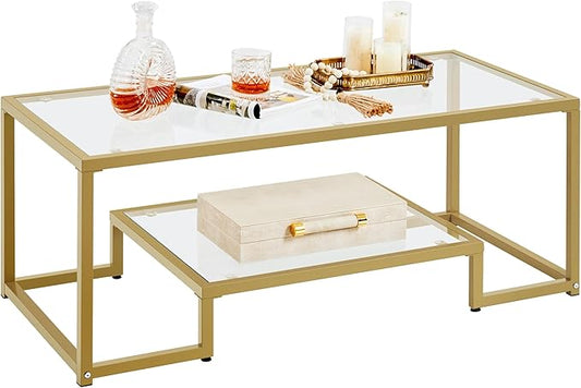 Yaheetech Gold Coffee Table, 42" Rectangular Glass Coffee Table for Living Room, 2-Tier Living Room Tables with Storage Center Tea Tables with Metal Frame for Small Space, Apartment, Office