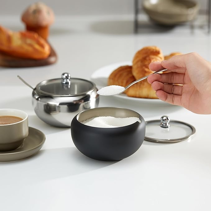 KooK Sugar Bowl, Sugar Bowl with Lid and Spoon, Sugar Container with Lid, for Salt, Coffee, Holds 2 Cups, Dishwasher Safe, Matte Navy, 16 Oz