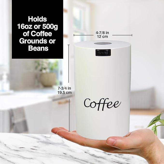 Coffeevac 1LB – Patented Airtight Container | Multi-use Vacuum Container Works as Smell Proof Containers for Ground Coffee and Coffee Bean Containers. White with Logo