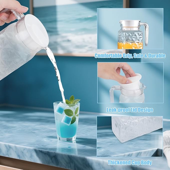 2 Pack 1.1L Plastic Jugs with Lid and Handle, Acrylic Juice Jug, Transparent Fridge Water Pitcher, Unbreakable, Easy to Clearn Water Jug for Iced Tea, Lemonade, Cold or Hot