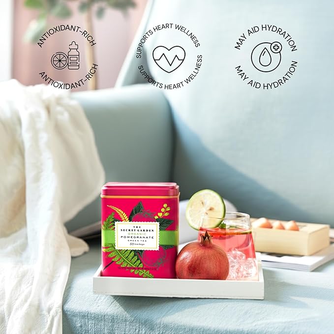 Life Plus Style Gourmet The Secret Garden Organic Pomegranate Green Tea Natural Caffeinated Herbal Leaf 50 Tea Bags Gift Tin USDA Certified Non-GMO Sugar Free Green Tea