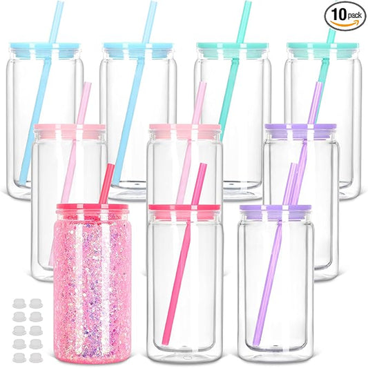 16 Oz Plastic Snow Globe Tumbler with Lid and Straw, 10 Pack Double Wall Pre Drilled Plastic Mason Jar Cups Can for Snow Globe Glitter DIY Gift(Mixed Colors)