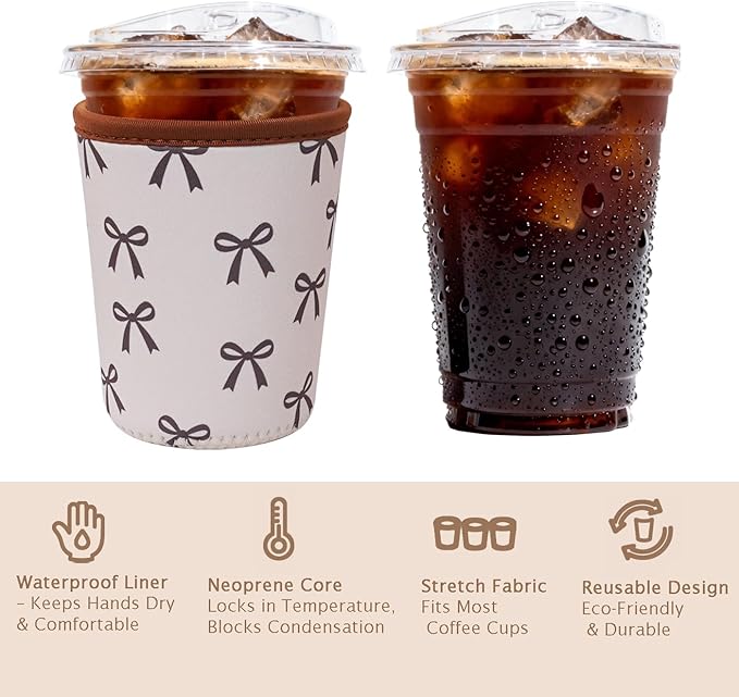 Reusable Insulated Sleeve for Iced Coffee Cup, Coffee Neoprene Sleeve for Cold & Hot Drinks, Beverage Holder for Iced Coffee (Cream Bow, Small: 16-18oz)