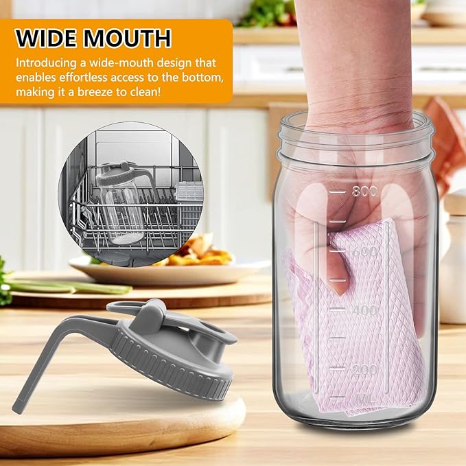 1Pc Wide Mason Jar Pitcher,32oz Glass Pitcher with Lid Double Leak-proof with Handle Water Jug Wide Mouth Breast Milk Fridge Container for Water, Juice (32oz Grey)