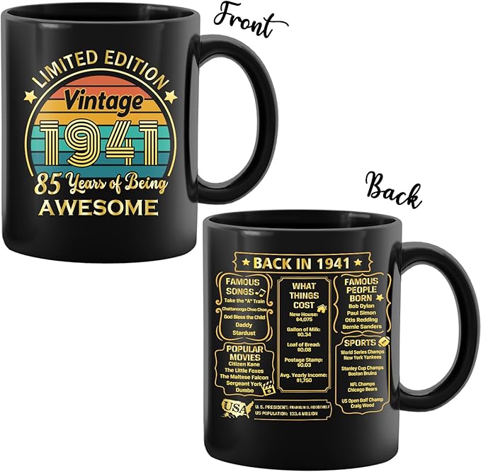 QUPT 85th Birthday Gifts for Women Men, 85th Birthday Gifts for Him, 1941 Birthday Gifts for Women Men, 85 Years Old Gifts, 1941 Birthday Gifts for Her Him, 85th Birthday Presents Coffee Mug