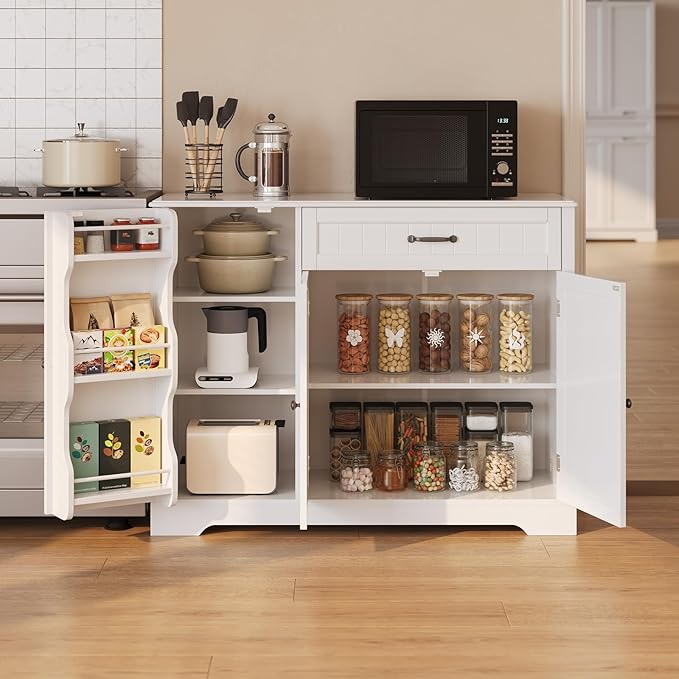 Gizoon Kitchen Coffee Bar Cabinet with Storage Kitchen Sideboard Buffet Cabinet with Drawers, Short Pantry with Door and Shelves for Bathroom and Living Room, White