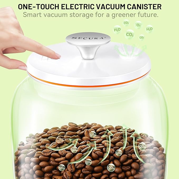 Secura VacGuard Fresh Canister, Electric Vacuum Canister, Smart Storage Container & Coffee Containers for Coffee Beans, Cookie & Pet Food 3.7 L, 125 oz
