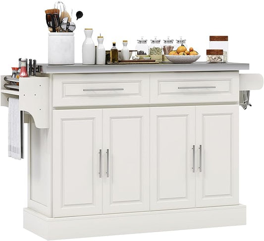 HOMCOM Rolling Kitchen Island Cart with 47" Stainless Steel Top, Portable Island Table for Kitchen with Wheels, Adjustable Shelves, 2 Drawers, Spice, Knife and Towel Rack, Cream White