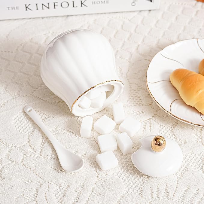 Ceramic Sugar and Creamer Set, 3 Piece with Cream Pitcher, Sugar Bowl with Lid and Spoon,Coffee and Tea Serving Set (White with gold line)