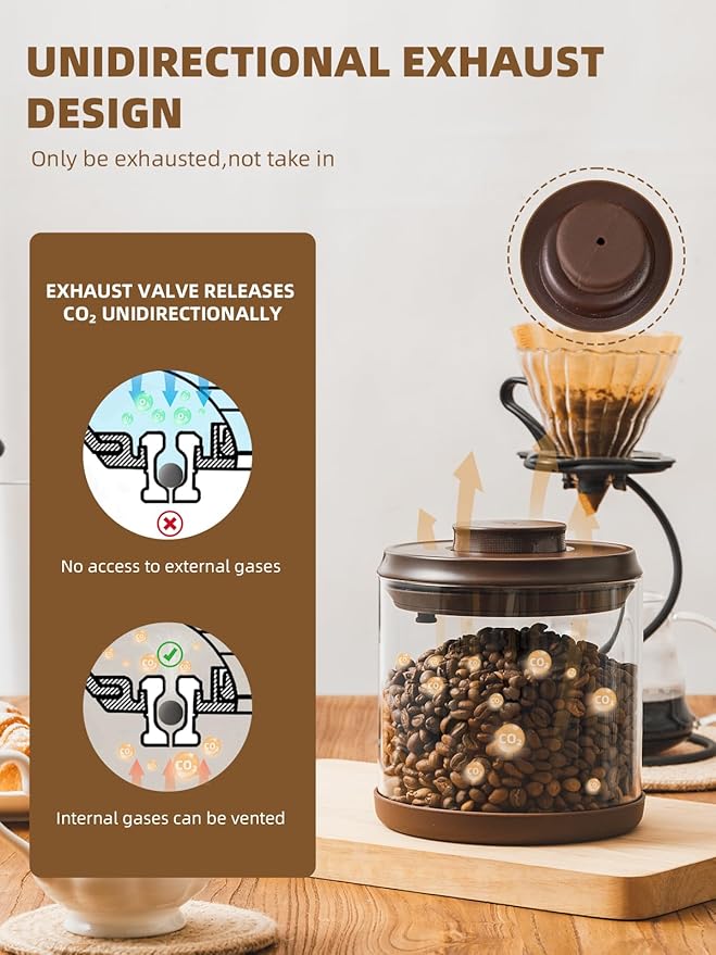 Coffee Canister, 21 oz Borosilicate Glass Airtight Coffee Containers for Ground Coffee with CO2-Release Valve - Large, 1.31lb